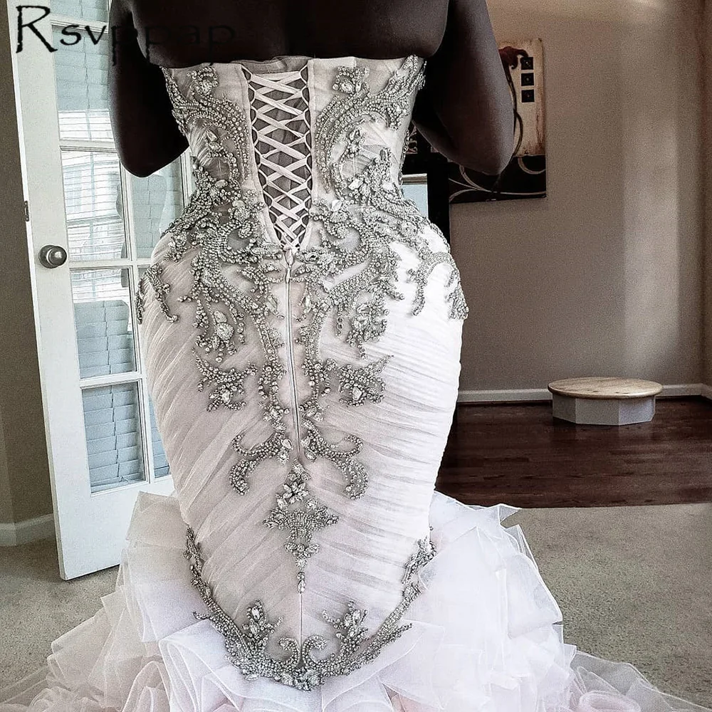 

African Style Mermaid Long Wedding Dresses 2021 Luxury Heavy Beaded Top Tiered Ruffles Sweetheart Neck Sleeveless Bridal Gowns
