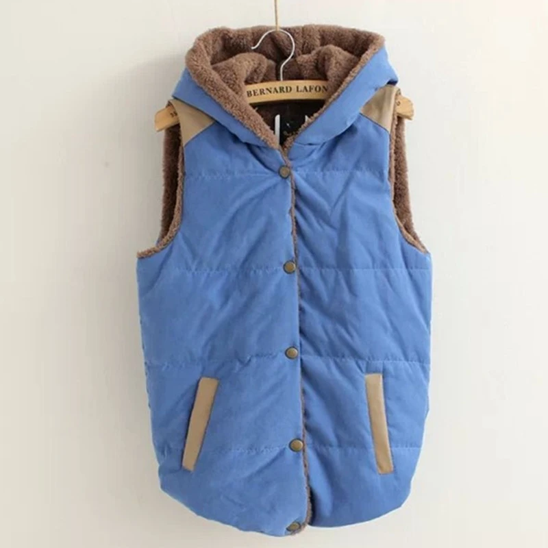 

Fleece Coral Hooded Thicken Women Vest Jacket Patchwork Leather Sleeveless With Buttons Waistcoat Female 2021 Autumn Winter Coat