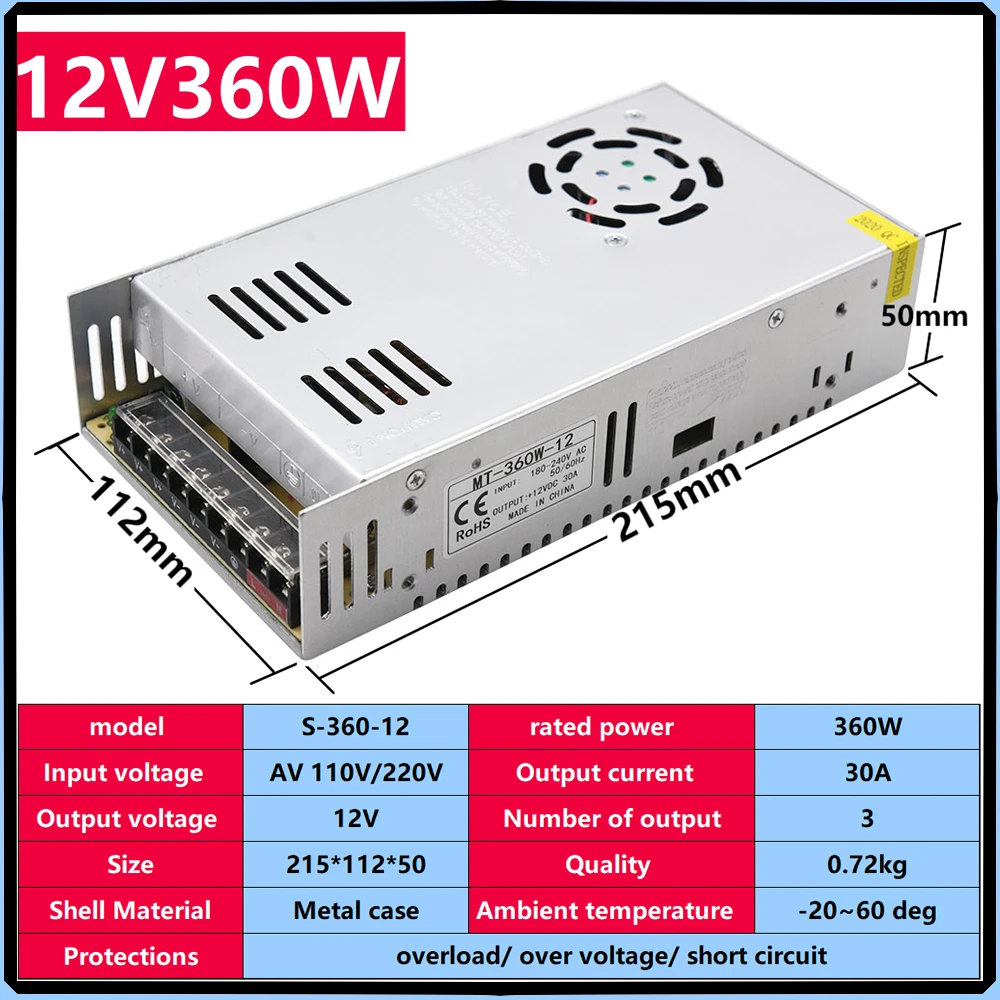 

Lighting Transformer DC stabilized Power Supply To 12V 360W Power Driver Adapter Switching Suply Strip LED