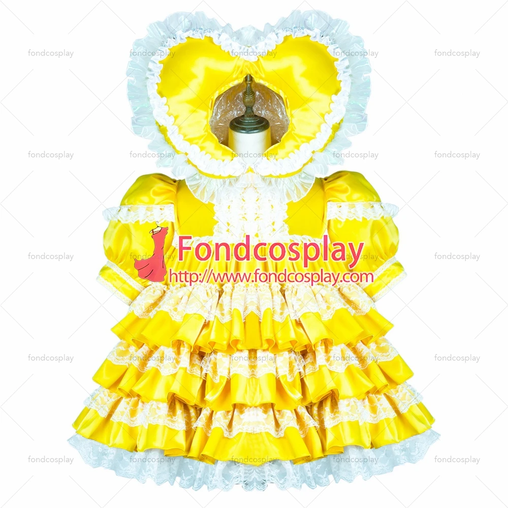 fondcosplay adult sexy cross dressing sissy maid short yellow satin dress lockable Uniform Heart hood Tailor-made[G3703] |