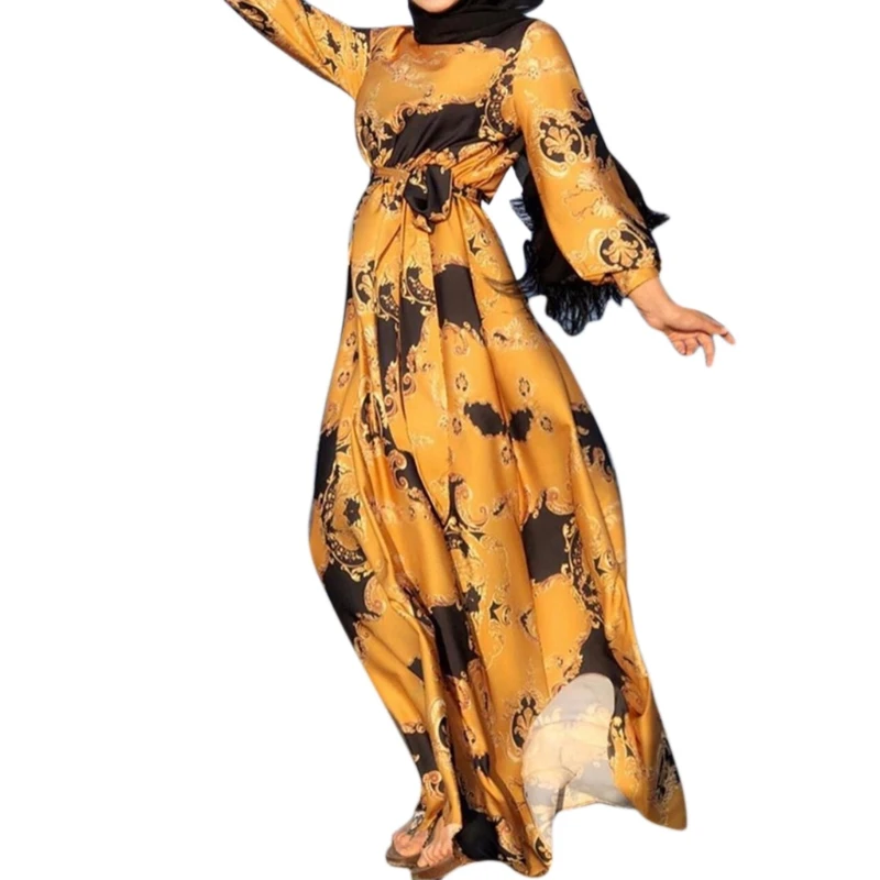 

Floral Printting Ramadan Muslim Dress Abayas Lace Up O-Neck Dubai Turkey Islam Clothing Kaftan Robe for Womens Girls