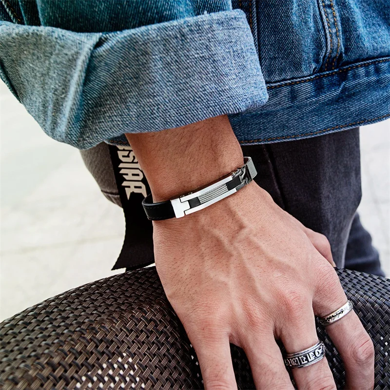 

AZIZ BEKKAOUI Engrave Name Leather Bracelet Stainless Steel Mesh Belt Bracelet Men Bangle Men Jewelry Vintage Customized Jewelry