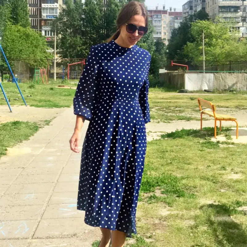 VONDA богемные платья осеннее женское винтажное платье в горошек с длинным рукавом и круглым вырезом повседневное свободное платье миди размера плюс Сарафан