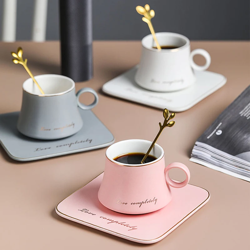 

180ml Letter Ceramic Latte Coffee Cup with Saucer and Spoon Personalized Tea Cup Set Nordic Home Kitchen Office Party Drinkware
