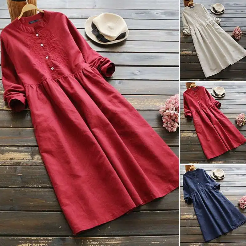 Платье-рубашка ZANZEA женское однотонное с цветочной вышивкой Повседневный Сарафан