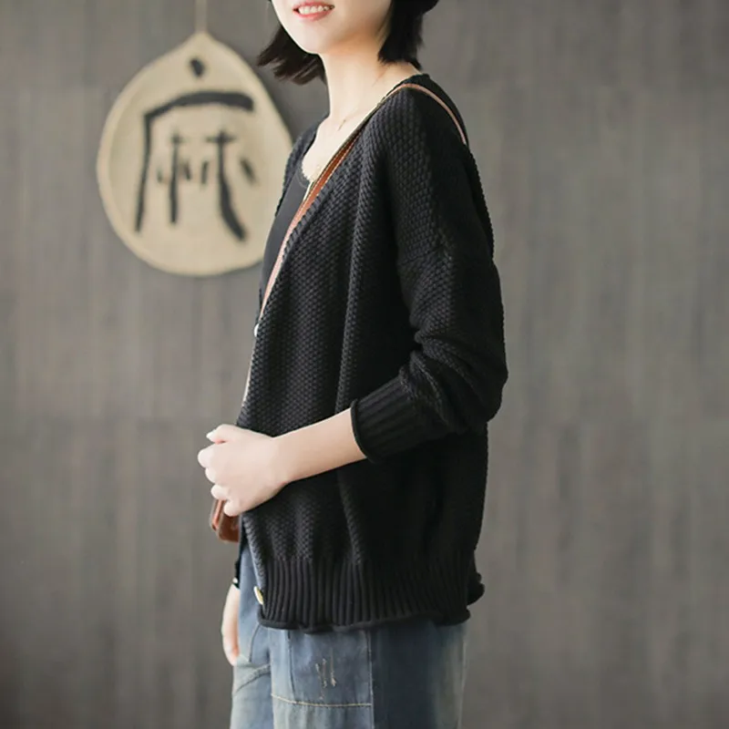 

Women Knitted Cardigan Coat Autumn Winter V-Neck Long Sleeve Female Sweaters Crochet Knit Sweater Coat Solid Color