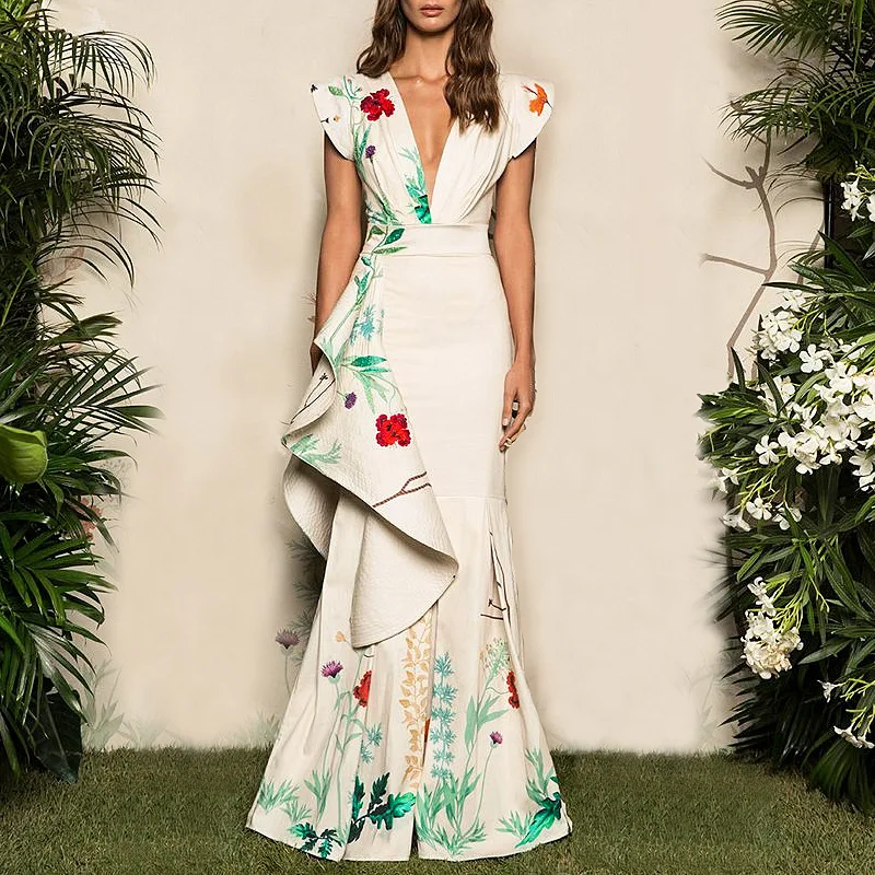 

Slim Maxi Dress Women 2021 Ruffles Print Sexy V-Neck Bodycon Dress Summer Casual Female Party Night Long Dresses Vestidos