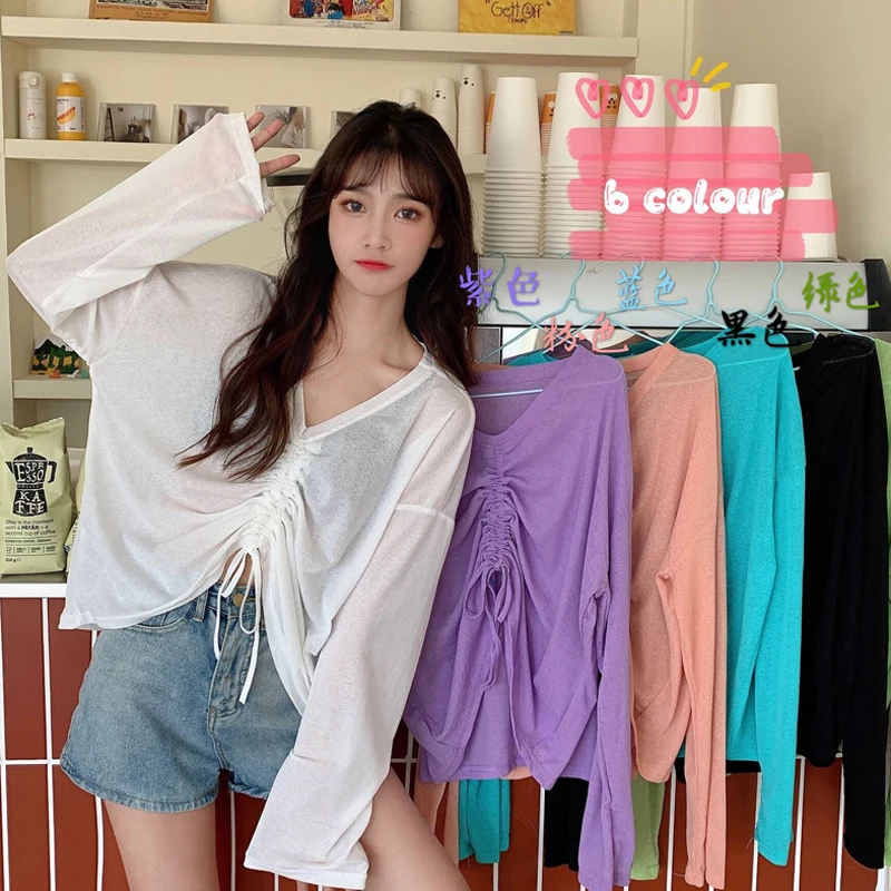

Summer Ins Super Popular Korean Style White V-Collar Drawstring Top Design Sense Loose Western Style Long Sleeve Sun Protection