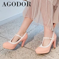 agodor t strap women shoes patent leather extreme high heels platform spike heel dress pumps buckle female footwear pink size 48