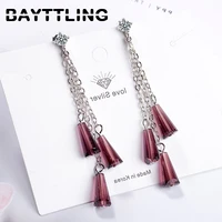 bayttling silver color 66mm bulb crystal tassel long drop earrings for woman charm wedding jewelry gift couple