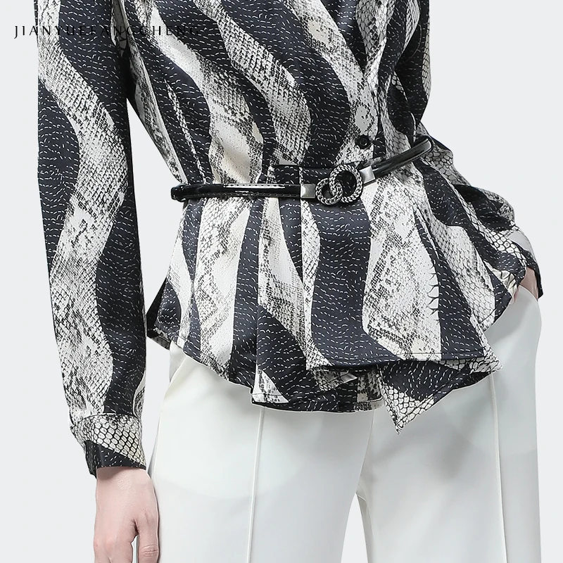 

High Street Women Shirt Striped Snake Skin Printed Long Sleeve V-Neck Satin Top With Metal Belt Plus Size Korean Autumn Blouses