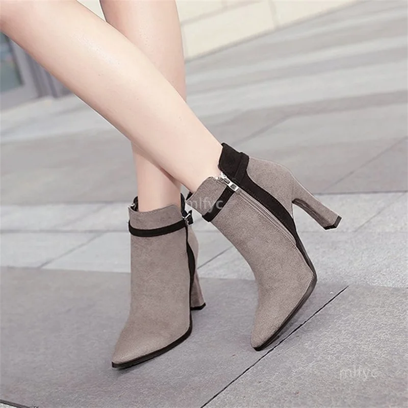 

2021 autumn winter new pointed toe short boots women's suede stitching fashion high-heeled boots shoes for women platform boots