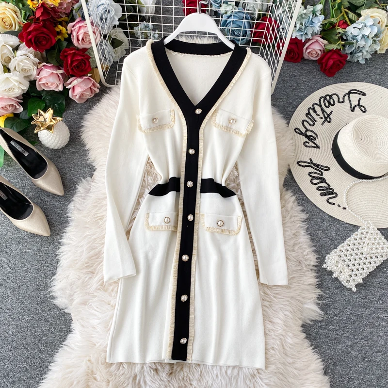 Женское трикотажное платье осенне зимнее Новое корейское темпераментное