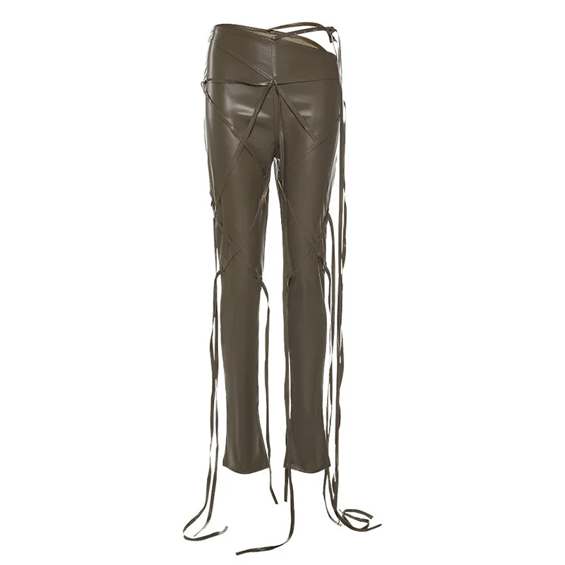 

Women Sexy Ribbons Cut Out Slim PU Leather Crop Top+Chic Tight Pant Two Piece Streetwear Casual Simple Club Party Activity Suit