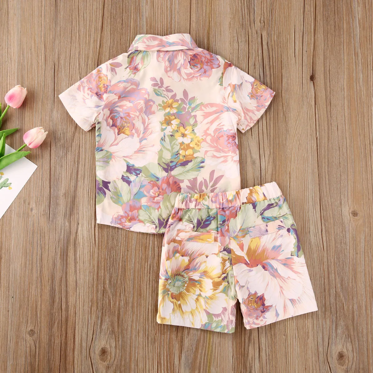 

Summer Kid Boys 2Pcs Outfit Set Loose Short Sleeve Button-Down Top Solid Short Elastic Pants Set 2-6Years