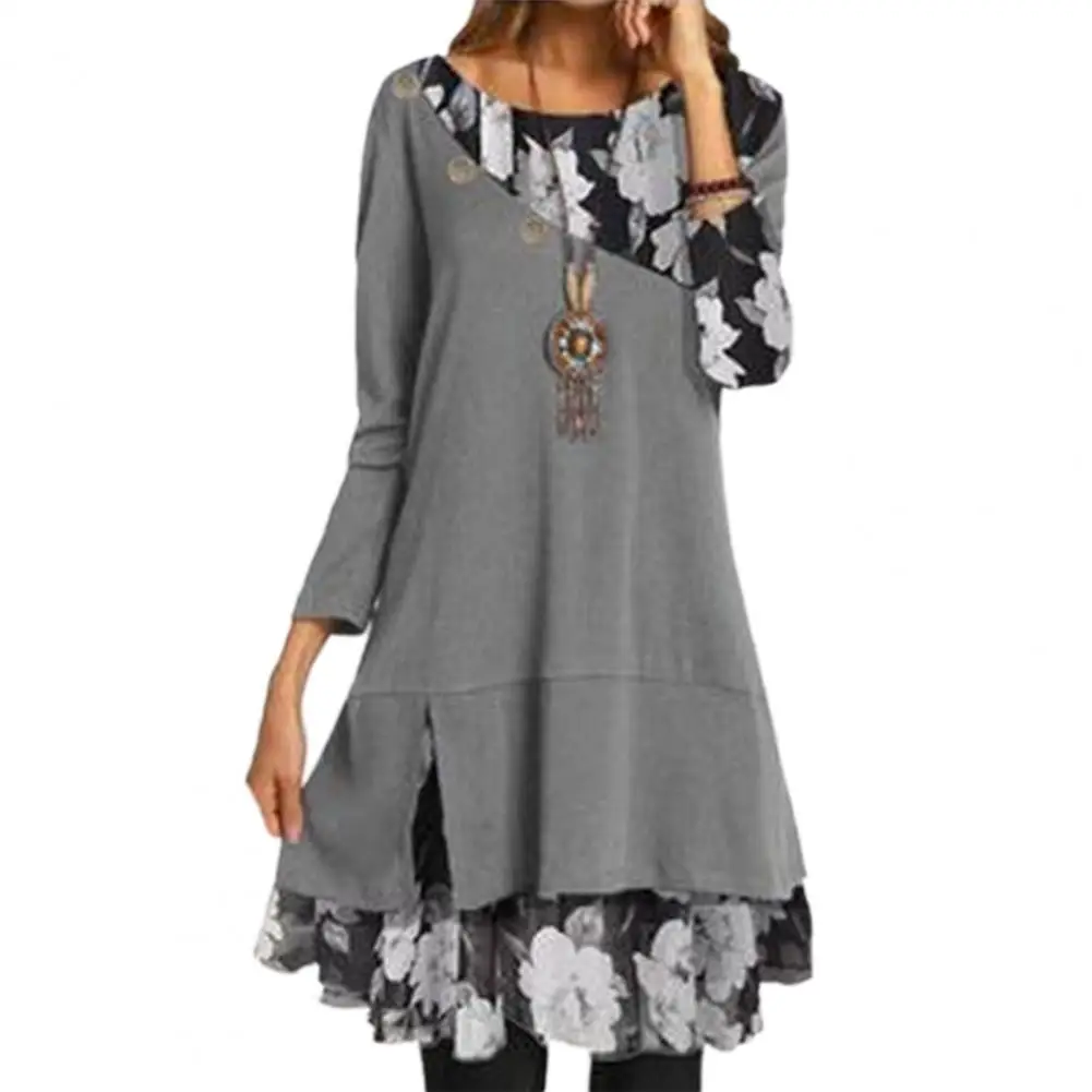 

Женское платье-миди с круглым вырезом, длинным рукавом и пуговицами