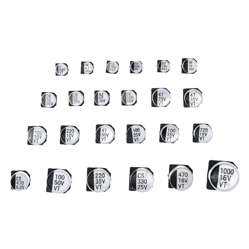

1uF~1000uF 6.3V-50V 400Pcs 24Value SMD Aluminum Electrolytic Capacitors Assortment Kit+ Box