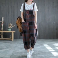 retro denim suspenders womens 2021 spring and summer new large loose print contrast check harlan jumpsuit trend