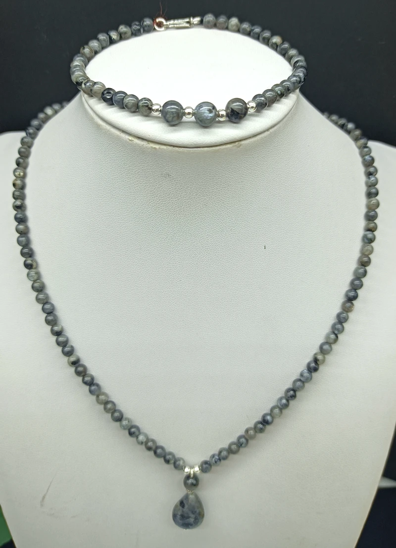 Серый 4 мм Лабрадор камень круглый и капли кулон ожерелье браслет 18/7 5 дюймов