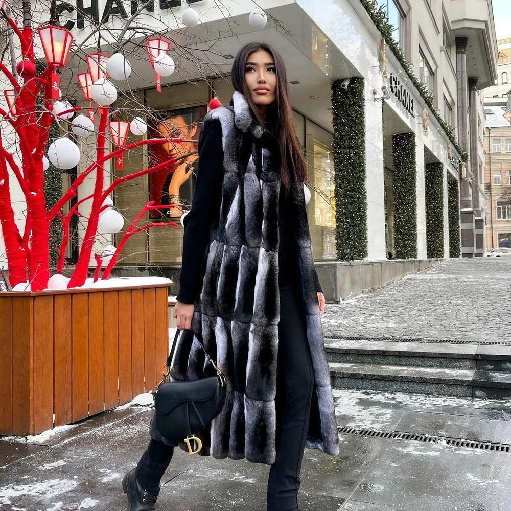 Enlarge 110cm Long Women Rex Rabbit Fur Vest Natural Full Pelt Genuine Rex Rabbit Fur Coats Sleeveless Thick Warm Fur Overcoats Female