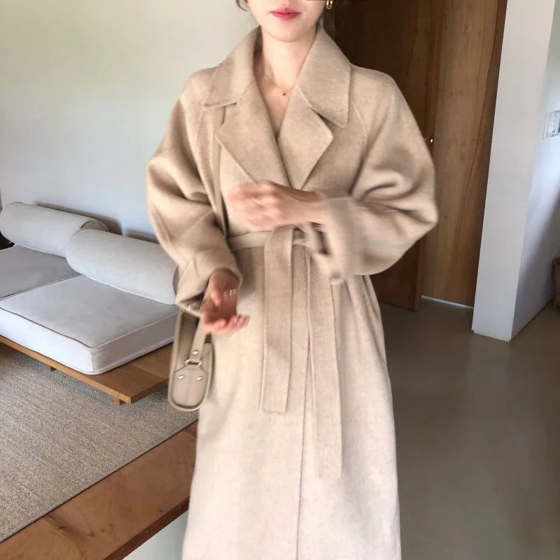 

Trench Coat Korean Chic Autumn Cardigan Elegant Lapel Loose Lace Up Long Imitation Cashmere Wool Coat Women's Coat