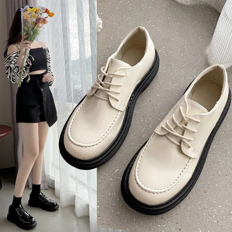 

Women's Flat Shoes Solid Color Thick-soled Round Toe Lace-up Oxford Shoes