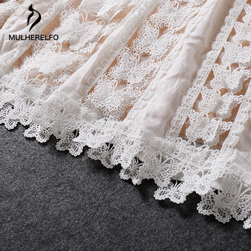 

Lace Stitched V-Neck Zipper Women Elegant Dress Butterfly Embroidered Bow Hollow Casual Lining Transparent Sleeve Female Dresses
