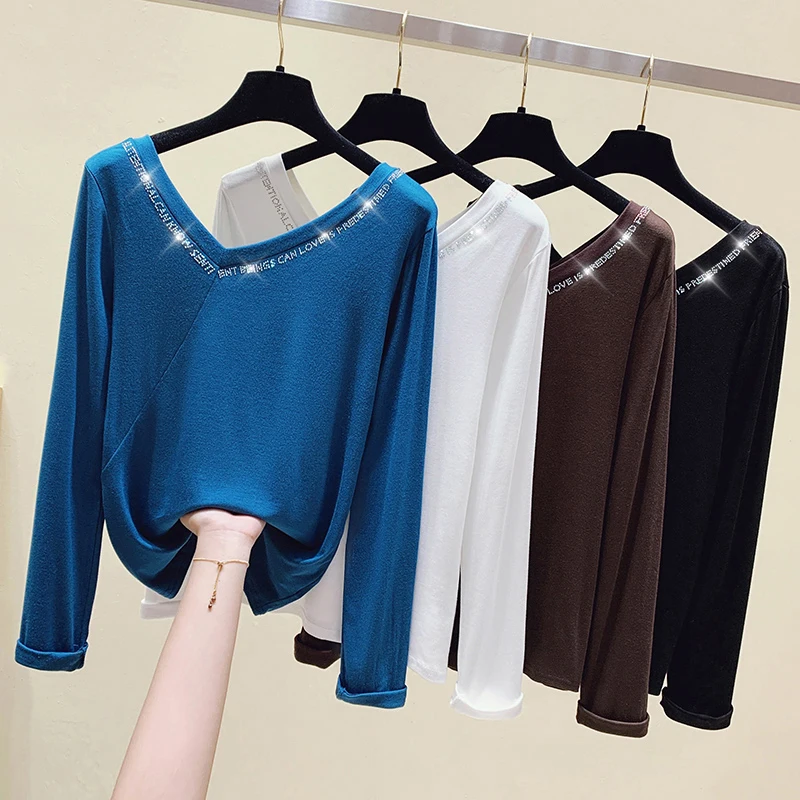 

AOSSVIAO V-Neck T-Shirt Women 2022 Fashion Autumn Modal Cotton T shirt Long Sleeve Tops Plus Size Casual Soft Tee Shirt Femme