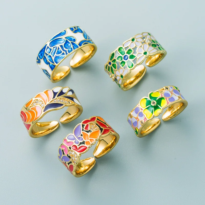 

Boho Colorful Glaze Enamel Rings Metal Love Ring Butterfly Flower Geometry Irregular Opening Rings for Women Girls Jewelry