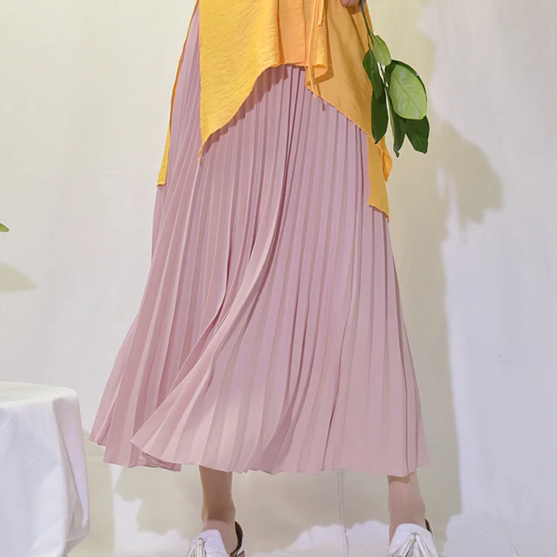 Pearl-Pink Qiuxuan, женские макси одноцветные юбки, Весенняя эластичная плиссированная юбка с высокой талией, юбка длиной до щиколотки, женские повседневные юбки, разные цвета - Цвет: Pearl-Pink