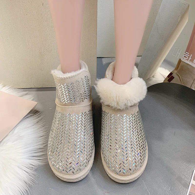 

Women Snow Boots Flat Heels Slip On Round Toe Short Plush Rhinestone Wool Cotton Booties Winter Outdoor Boots Date