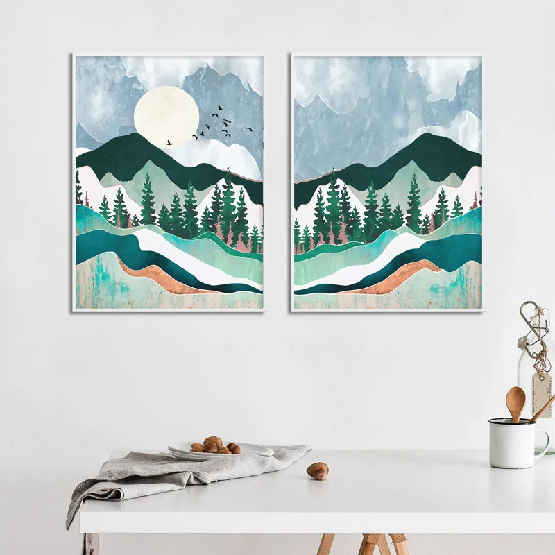 Настенный постер с изображением гор леса заката абстрактная живопись
