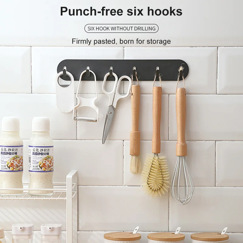 

Home Kitchen 6 Hooks Bathroom Wall Hanging Wrought Iron Storage Rack Punch-free Key Row Coat Hanger Creative Decoration Holder