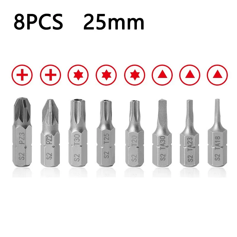 

8pcs/lot 25mm Torx Screwdriver Bits With Hole PZ3,PZ2,T30,T25,T20 1/4 Inch Hex Shank Electric Screw Driver Star Bit Set