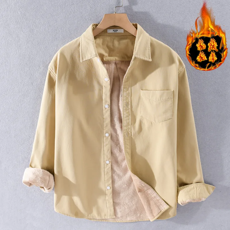 

Мужская однотонная флисовая рубашка с длинным рукавом, теплая Повседневная приталенная рубашка в японском стиле Харадзюку, Осень-зима