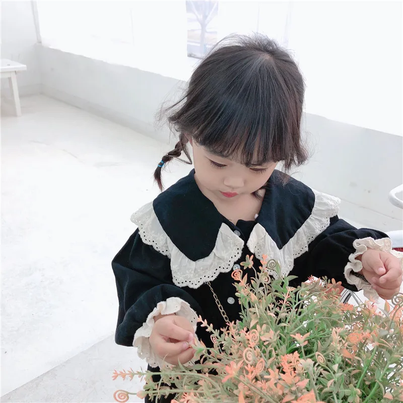 Spring Autumn 2020 cute baby girls lace turn-down collar princess dresses pure cotton soft 2 colors casual dress for kids
