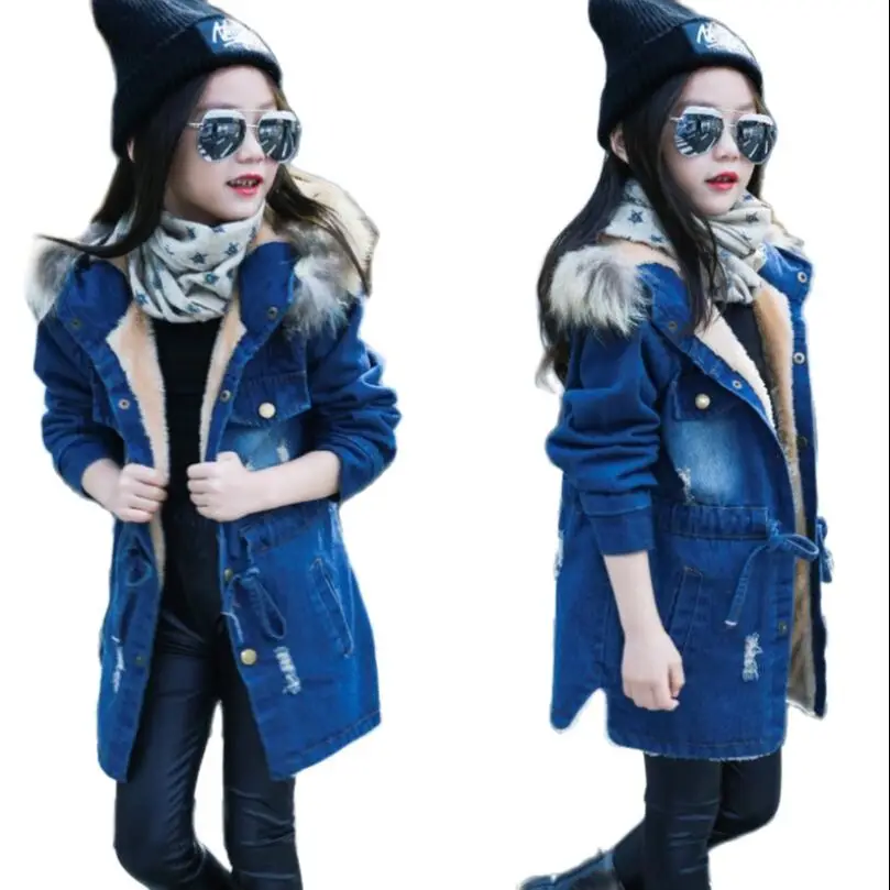 

Winter Baby Girls Clothes 3-11Y Big Kids Fleece Lining Thick Warm Jacket Fur Collar Hooded Teenage Coat Denim Windbreakers Tops