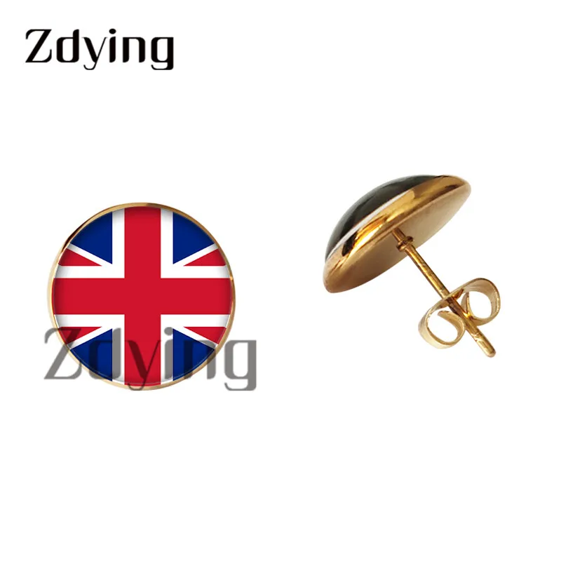 Женские серьги гвоздики с кабошоном изображением флагов страны России Украины