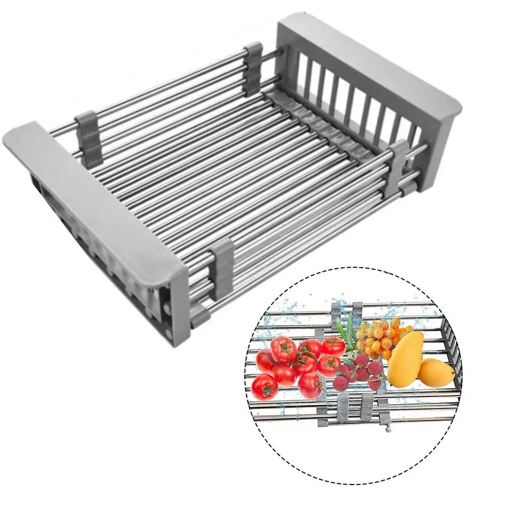 

Fruit Vegetable Cutlery Drainer Stainless Steel Rack Drain Basket Telescopic Sink Rack Dish Rack Cleaning Organizer Kitchen