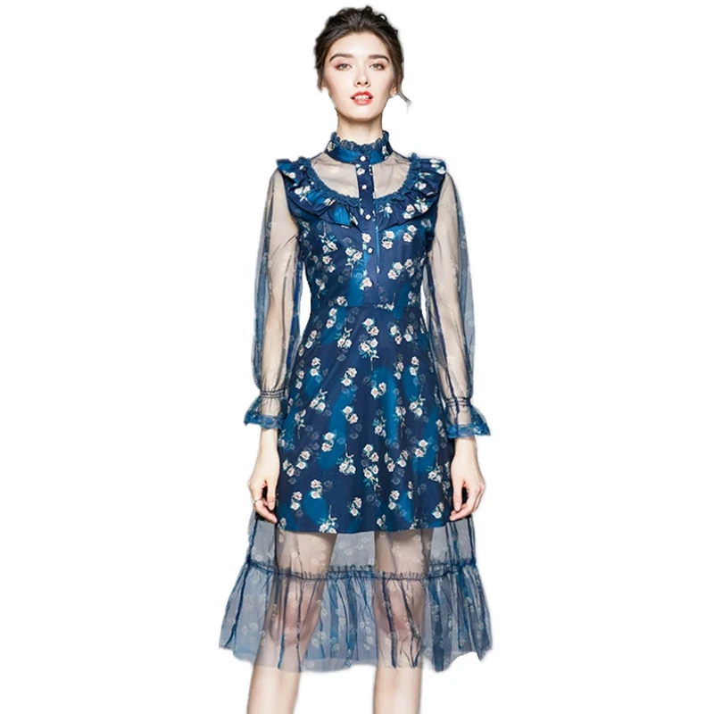 

Новинка сезона весна-осень 2020, женское элегантное платье LUKAXSIKAX, высококачественное Сетчатое кружевное лоскутное длинное платье с цветочны...