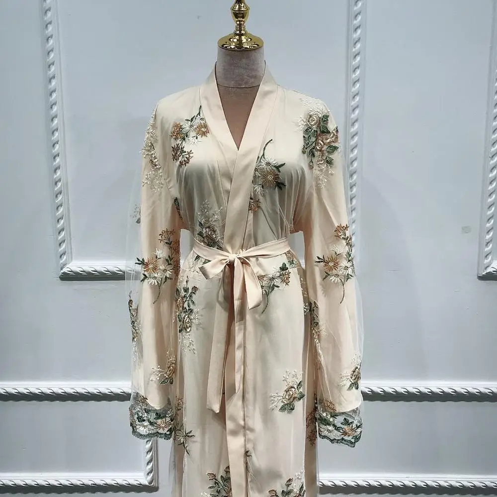 

Open Kimono Abaya Cardigan Dress Mesh Embroidery Women Muslim Islam Clothes Turkey Arab Dubai Chic Modest Wear Long Sleeves
