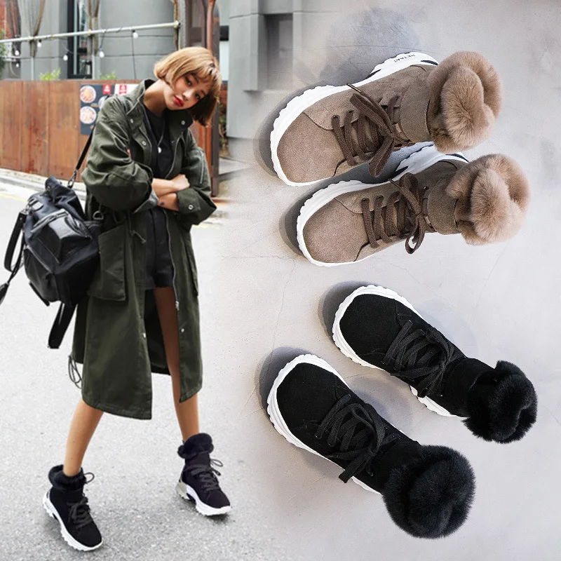 Зимние ботинки из натуральной воловьей кожи с кроличьим мехом женские низкие на