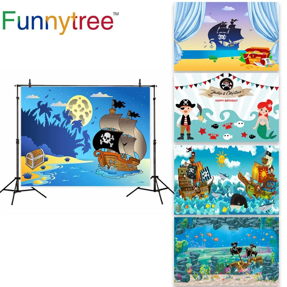 

Funnytree Kids Birthday Party Background Photo Studio Cartoon Pirate Sea Moon Treasure Sailboat Photography Backdrop Photobooth