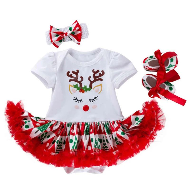 

Christmas Baby Clothes Set Romper Dress Cotton Newborn Kids Cartoon Deer Bag Butt Dress Bowknot Shoes 3PCS Outfit Clothing Suit