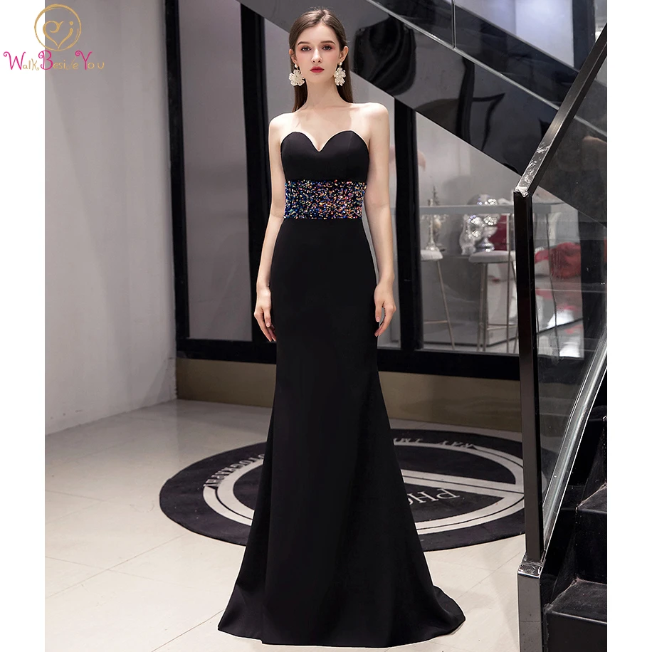 

Black Satin Sequin Evening Dresses Long Slim Mermaid Strapless Sweetheart Sweep Train Prom Gowns vestifos de fiesta