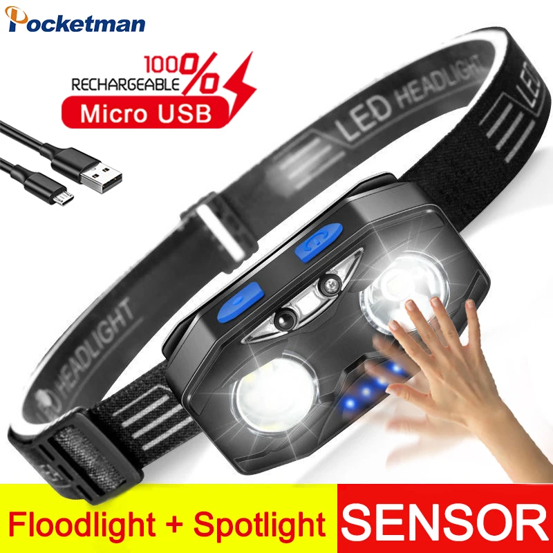 

High Lumen Headlamp Floodlight+Spotlight USB Headlight Motion Sensor Head Front Light Waterproof 6 Modes Headlamps