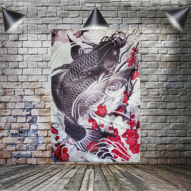 

Carp Fish Japanese Tattoo Poster Banner Home Decoration Hanging Flag 4 Gromments In Corners 3*5FT 96* 144CM