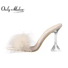Onlymaker Для женщин открытый носок из искусственного меха Шлёпанцы слипоны прозрачный металлический тонкий каблук босоножки на высоком каблуке сандалии большого размера