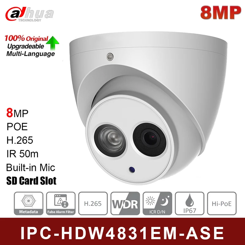 

Original DH IPC-HDW4831EM-ASE Metal Shell H2.65 Built-in MIC WDR IR 50m POE 8 MP IP Camera Replace IPC-HDW4830EM-AS CCTV Cam