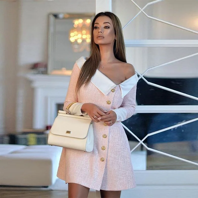 

Ladies temperament dress off shoulder style woolen plaid color Peter pan collar matching high waist dress princess skirt